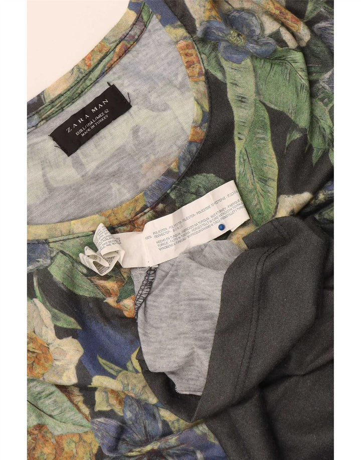 Zara Mens Graphic T-Shirt Top Large Grey Floral Polyester