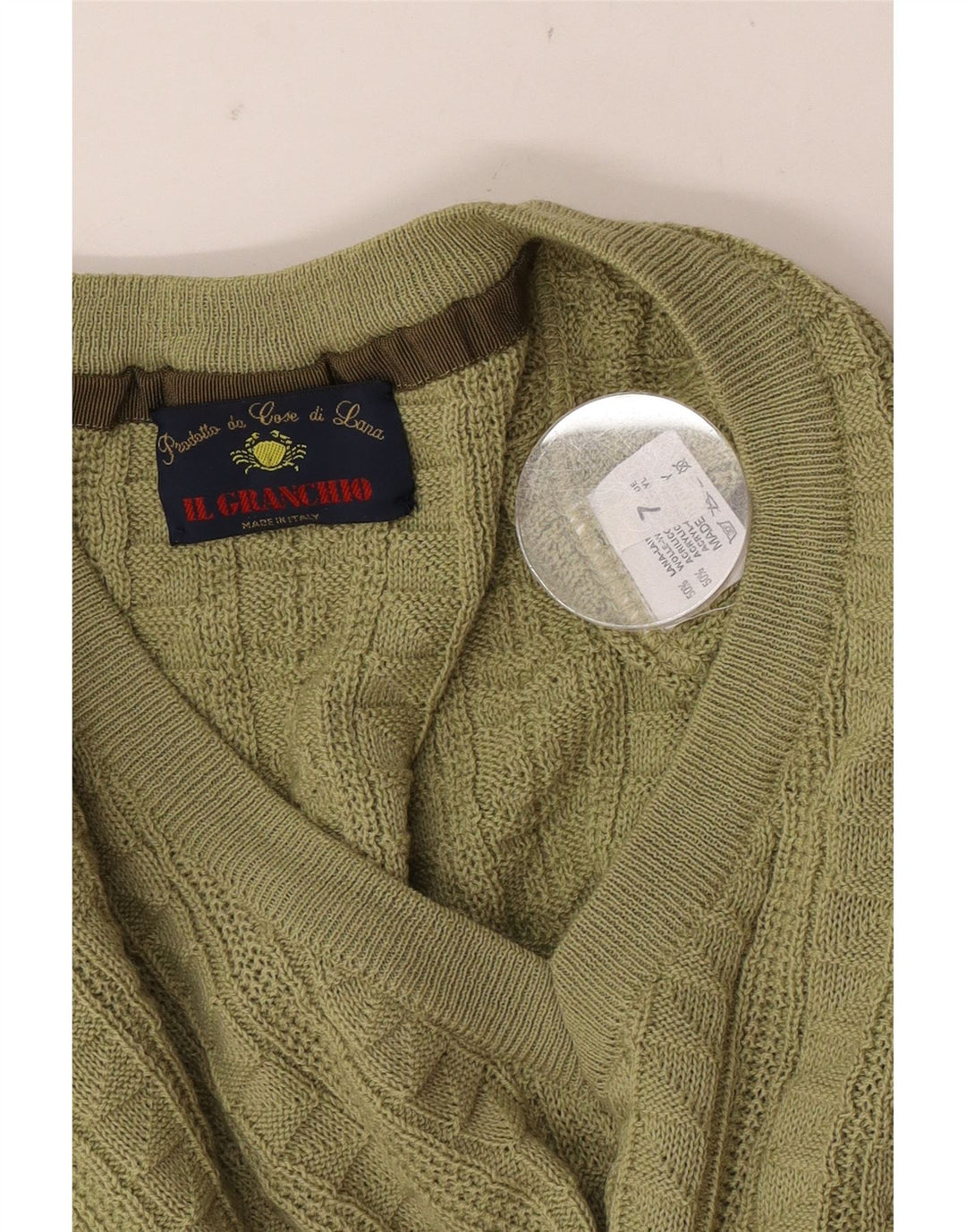 Il Granchio Mens V-Neck Jumper Sweater Large Green Wool