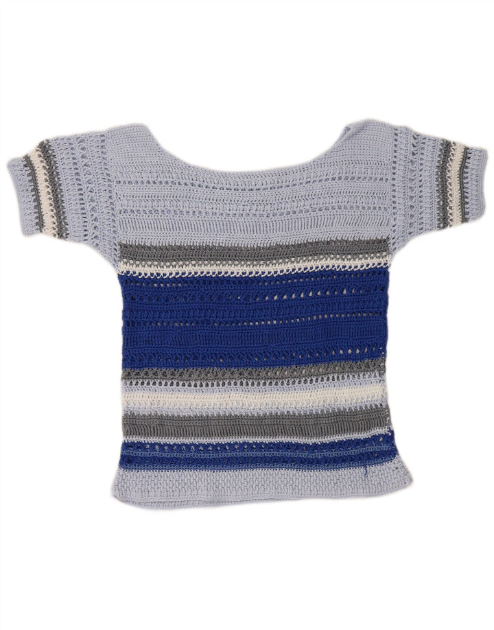 Vintage Womens Crochet Blouse Top UK 10 Small Blue Striped