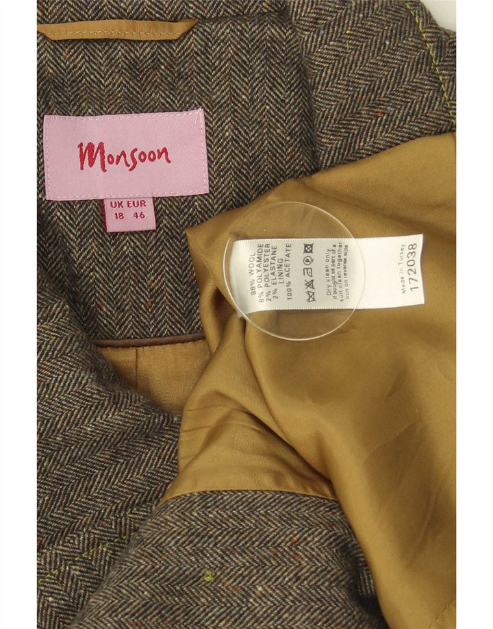 Monsoon Womens Short 3/4 Sleeve Pea Coat UK 18 XL Grey Herringbone Wool