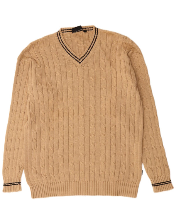 Vintage Mens V-Neck Jumper Sweater Large Beige Cotton