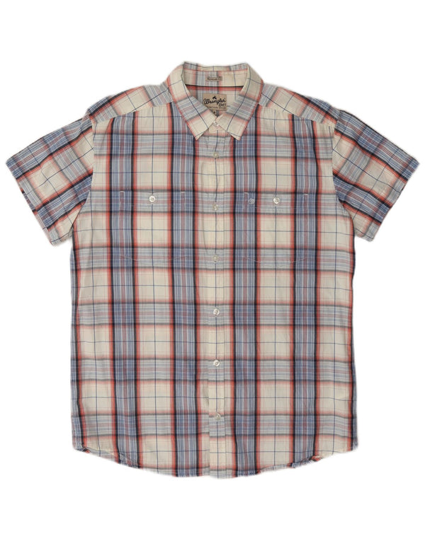 Wrangler Mens Short Sleeve Regular Fit Shirt Medium Off White Plaid Cotton