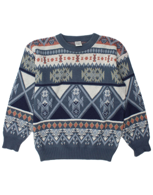 Maglione maglione girocollo vestibilità ampia da uomo vintage UK 34/36 XS Blu Fair Isle