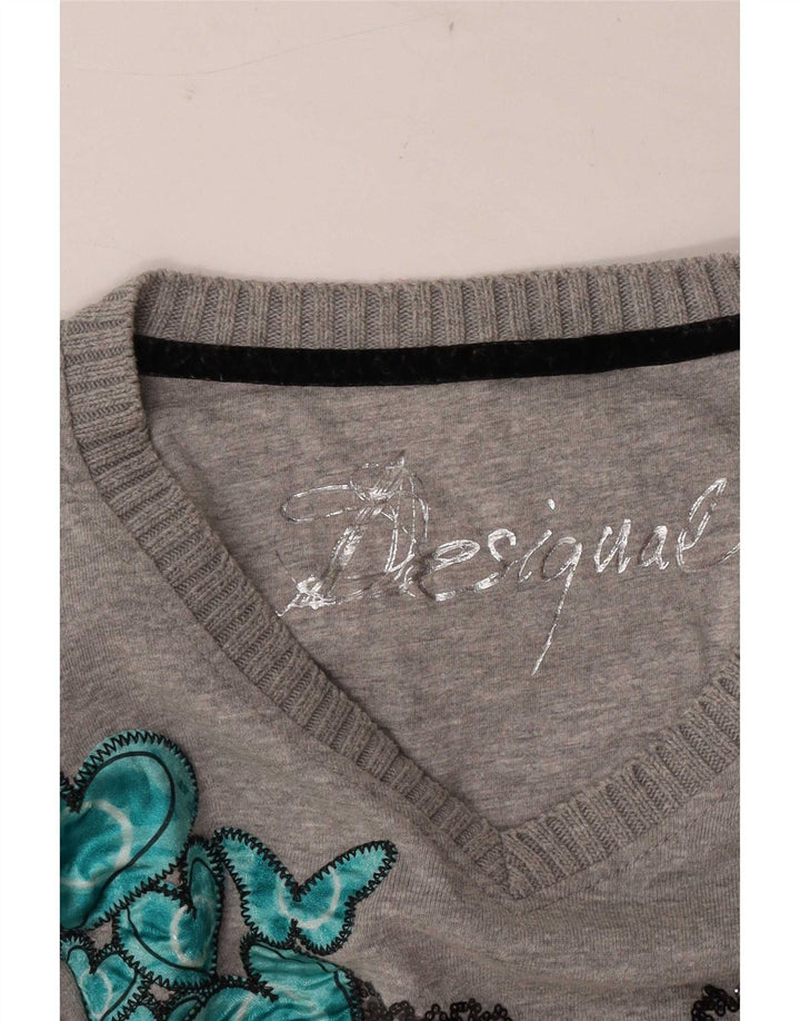 Desigual Womens Graphic Top Long Sleeve UK 14 Medium Grey Heart