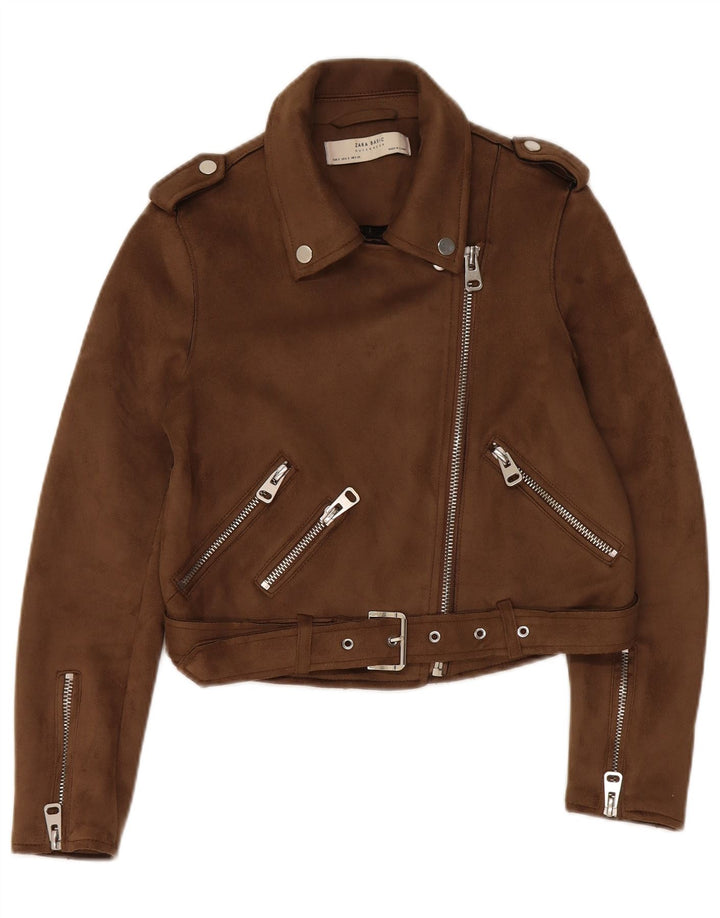 Zara Womens Biker Jacket UK 10 Small Brown Polyester