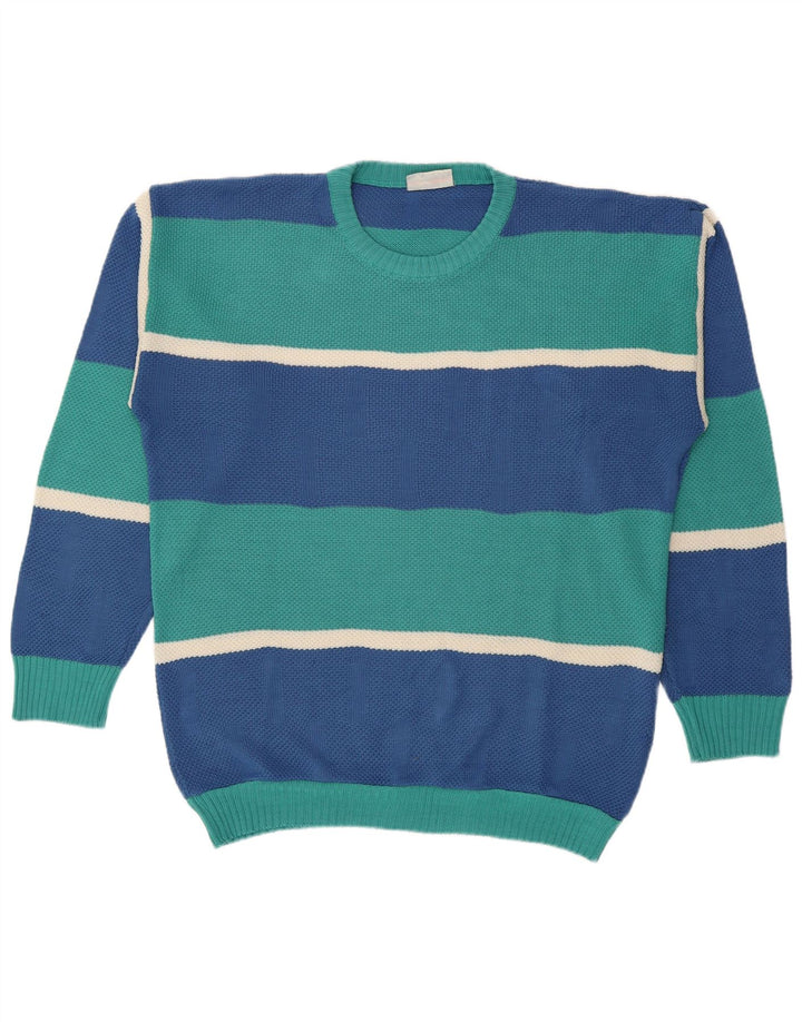 Vintage Mens Crew Neck Jumper Sweater Large Blue Striped