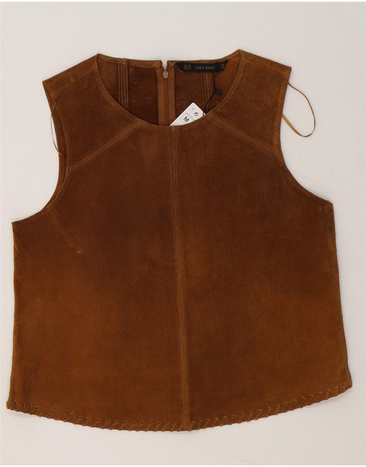 Zara Dame ærmeløs ruskind bluse Top UK 14 Medium brunt læder