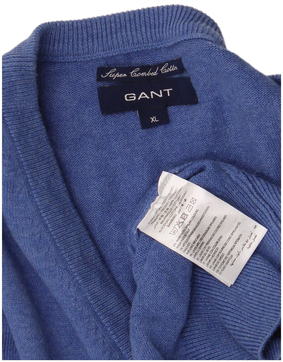 Gant Mens V-Neck Jumper Sweater XL Blue Cotton