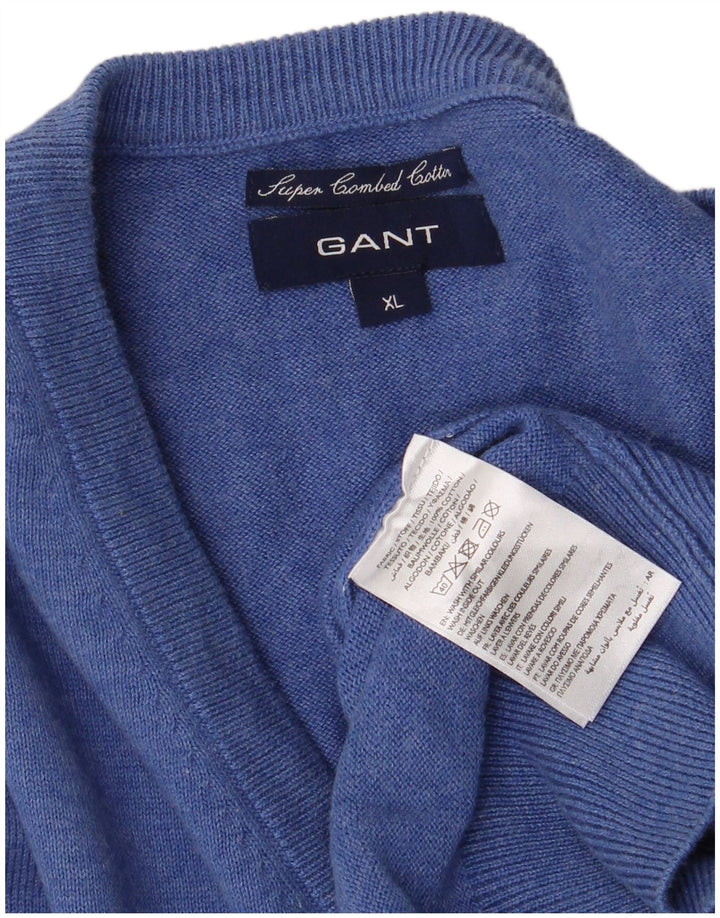 Gant Mens V-Neck Jumper Sweater XL Blue Cotton