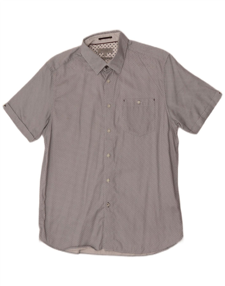 Ted Baker Mens Short Sleeve Shirt Size 4 Large Grey Geometric Cotton