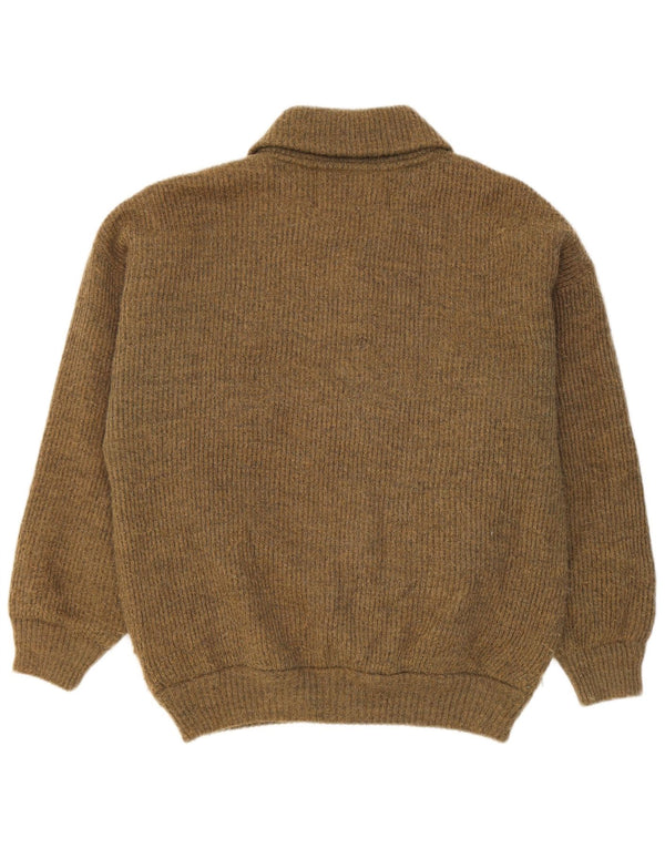 vintage Mens Cardigan Pull Moyen Kaki Laine Géométrique