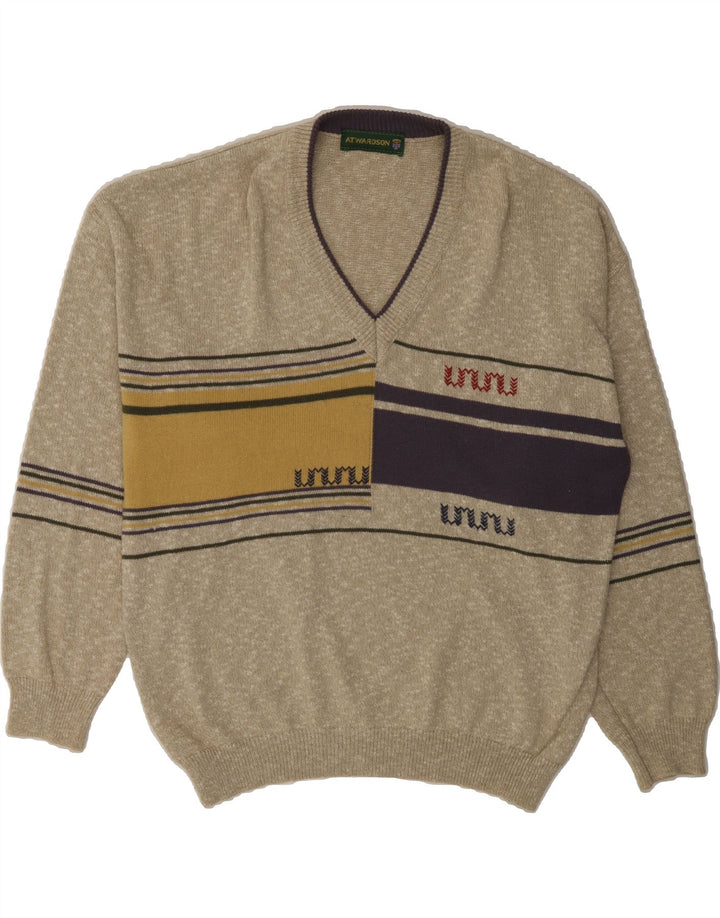 ATWARDSON Mens V-Neck Jumper Sweater Large Beige Colourblock Cotton Vintage Atwardson and Second-Hand Atwardson from Messina Hembry 