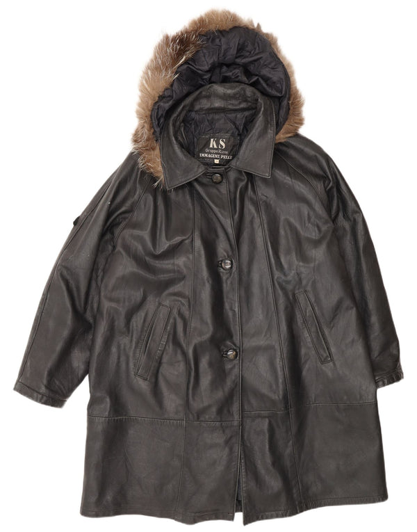 Damski płaszcz skórzany Kiros z kapturem, oversize IT 48 XL, czarny