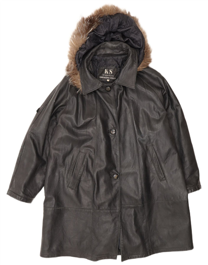Kiros Womens Hooded Oversized Leather Coat IT 48 XL Black