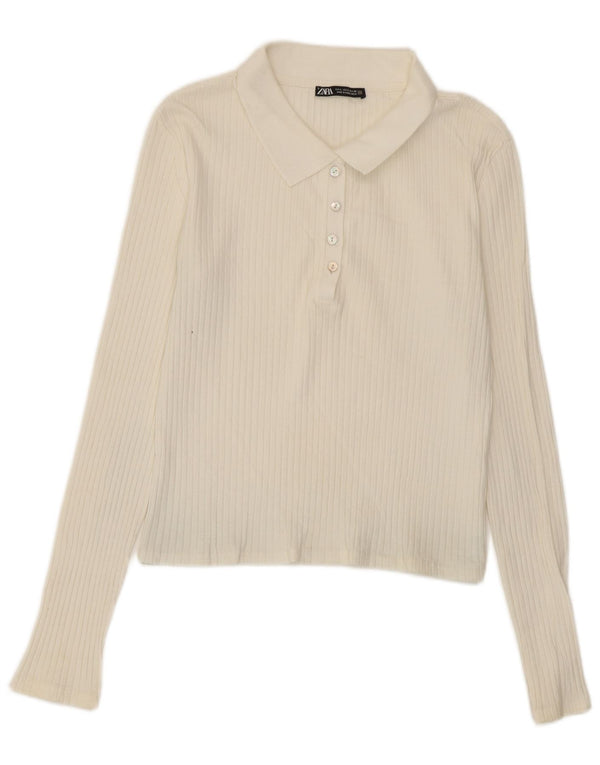 Zara Dame Crop Langærmet Polo Shirt UK 14 Large White