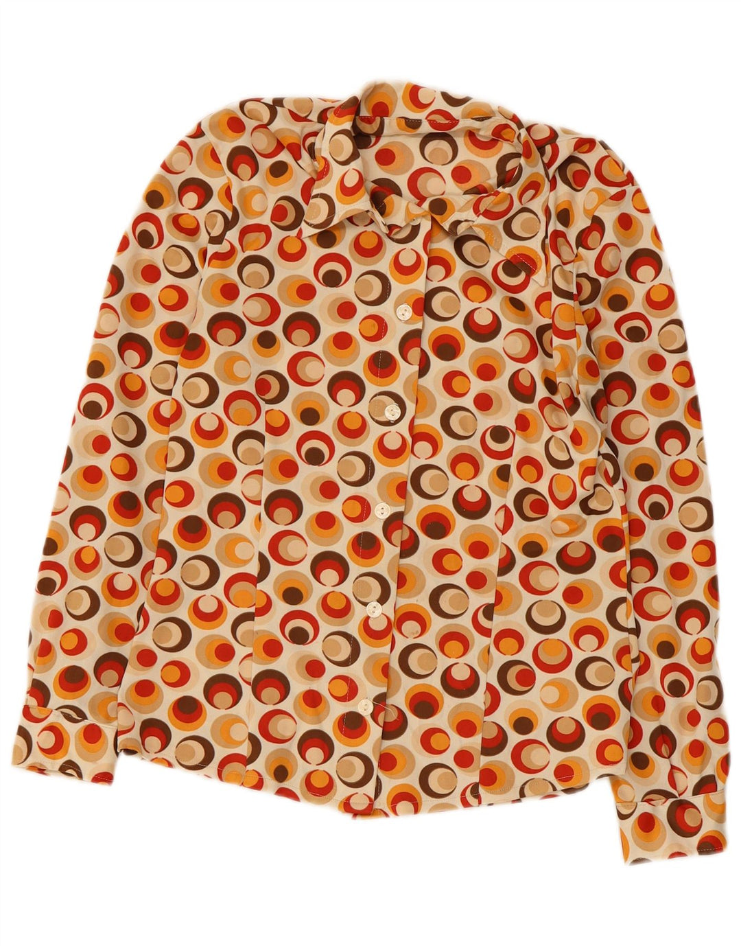 Camicetta camicia vintage da donna UK 10 piccola poliammide geometrica multicolore