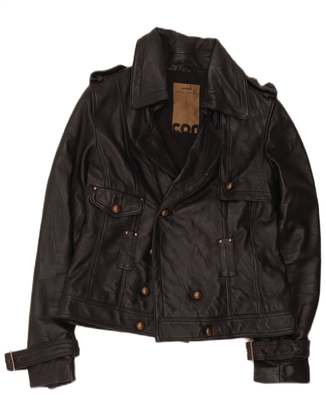Conbipel Womens Double Breasted Leather Jacket UK 12 Medium Black Leather