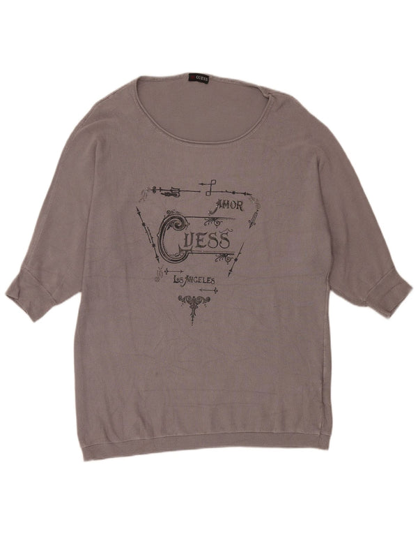 Guess Womens Graphic 3/4 Sleeve Boat Neck Jumper Sweater UK 12 Medium Grey