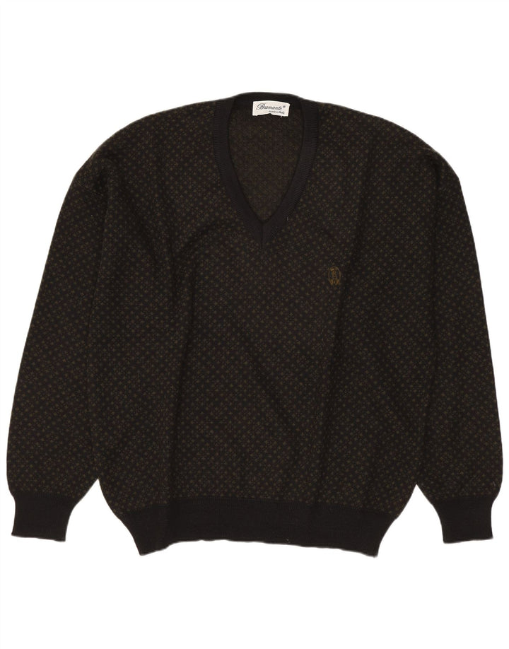 Bramante Mens V-Neck Jumper Sweater Large Grey Geometric Wool