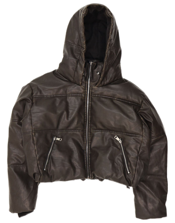 Zara Dame Oversized Hætte i imiteret læder polstret jakke UK 14 Medium Sort