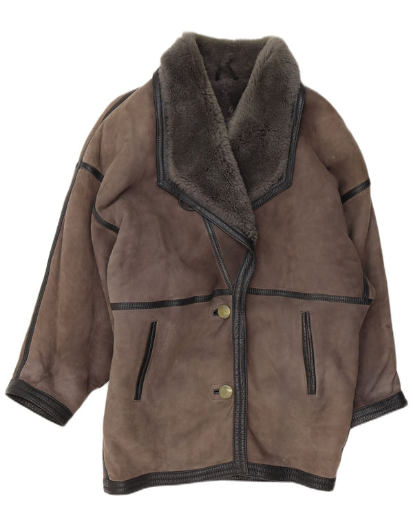Vintage Dame Oversized Shearling Coat UK 20 2XL Grå Læder