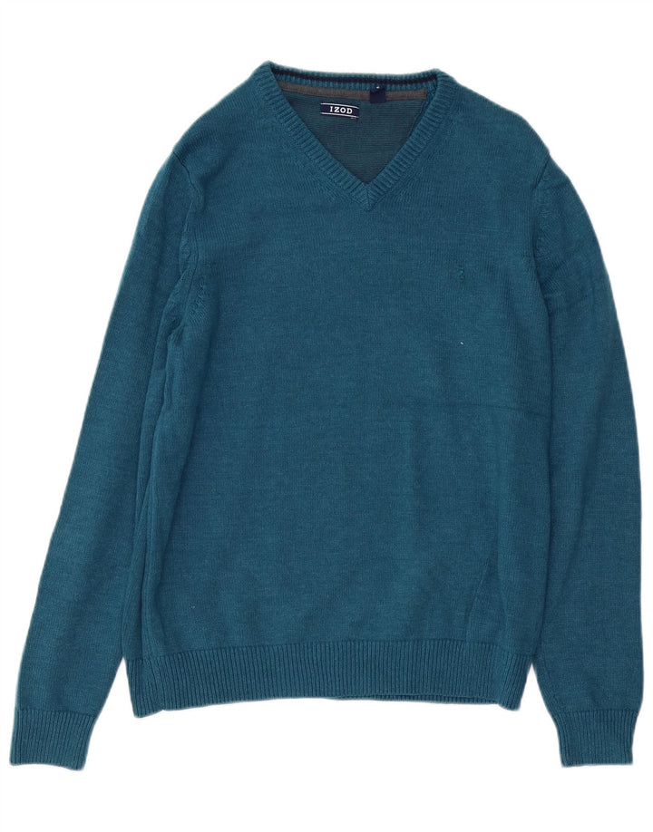 IZOD Mens V-Neck Jumper Sweater Medium Blue Cotton
