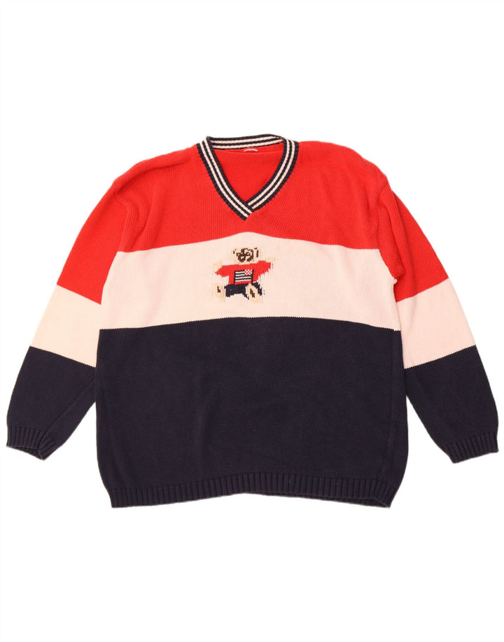 Vintage Mens Graphic V-Neck Jumper Sweater Large Multicoloured Colourblock