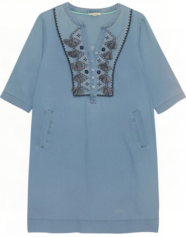 White Stuff Damen-Denimkleid mit 3/4-Ärmeln, UK 12, mittelblaues, geblümtes Lyocell