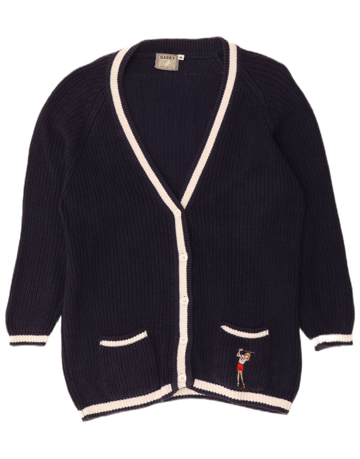 Vintage Womens Oversized Cardigan Sweater UK 14 Medium Navy Blue Cotton