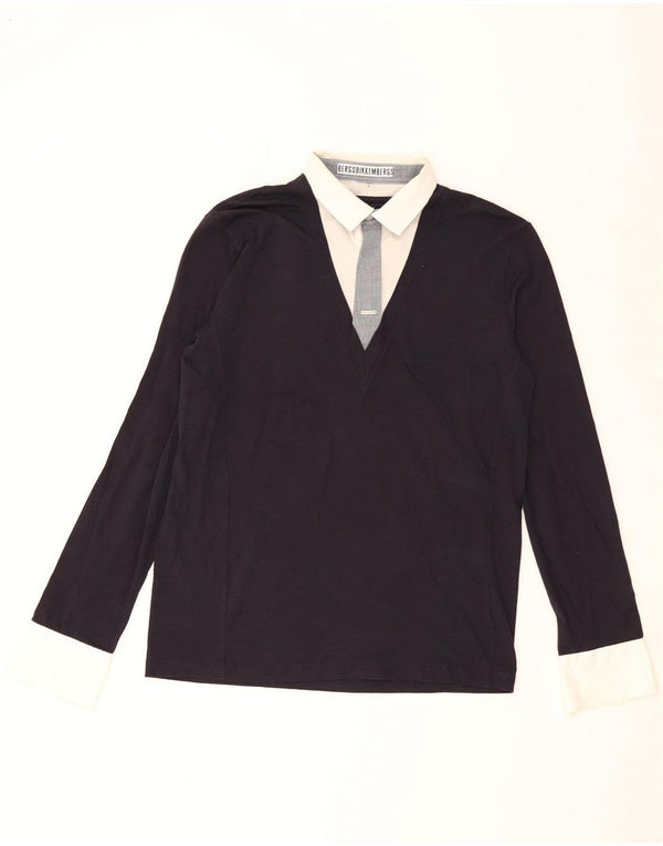 Bikkembergs Mens Long Sleeve Polo Shirt Large Navy Blue Colourblock