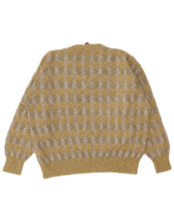 Sweter damski w stylu vintage z dekoltem w szpic, UK 18 XL, żółty, geometryczny lniany