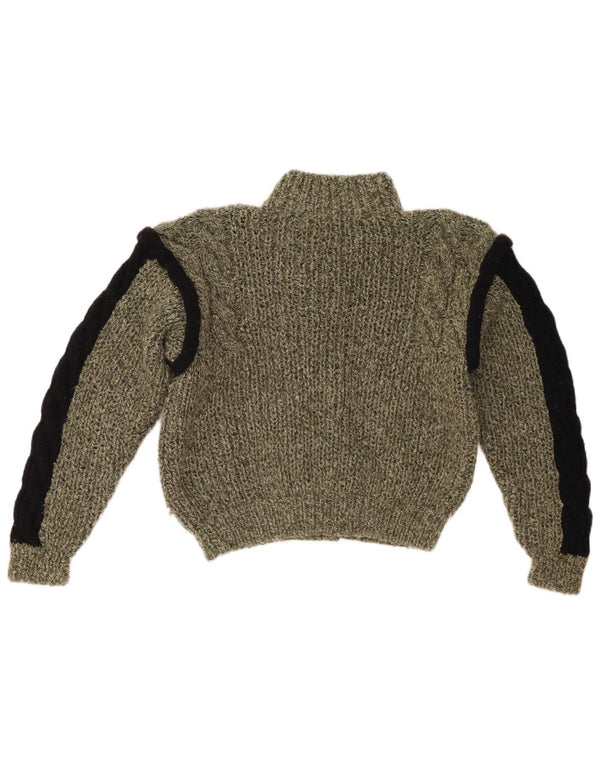 Vintage Damen Crop Cardigan Pullover UK 12 Medium Khaki Colourblock Baumwolle