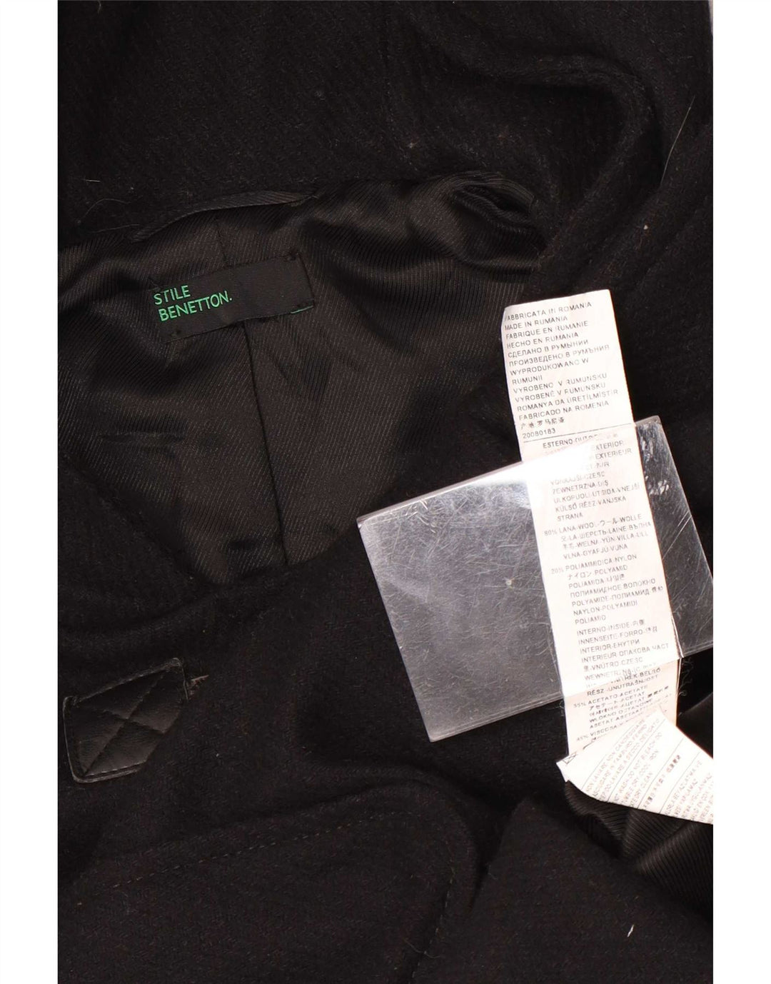 Casaco Duffle feminino com capuz Benetton IT 42 lã preta média