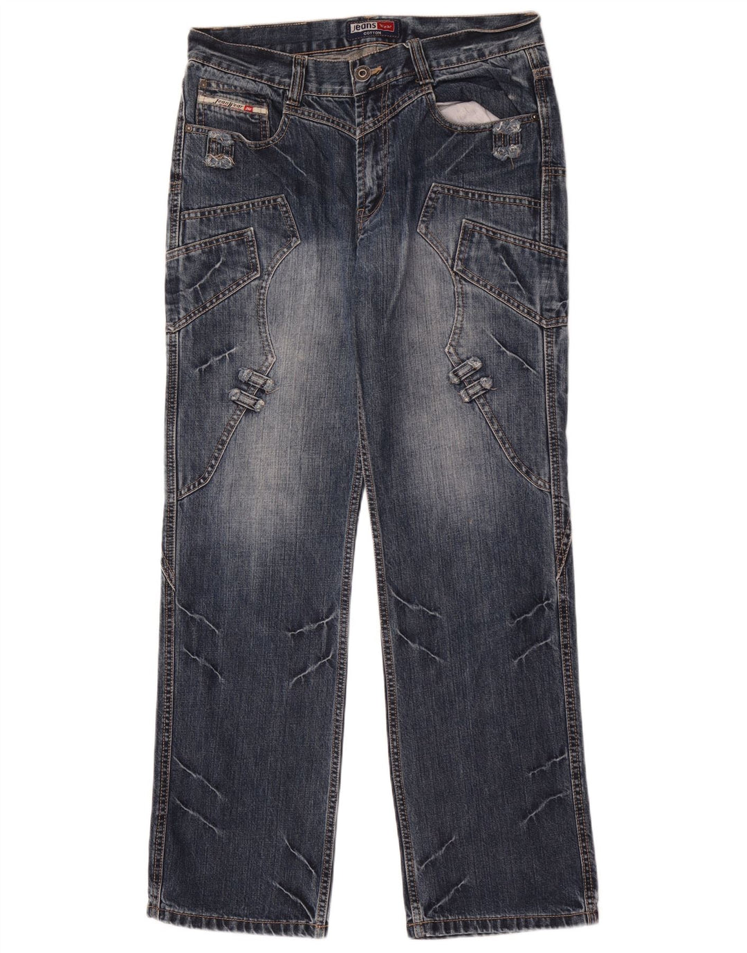 Vintage masculino reto Jeans W32 L32 azul patchwork algodão