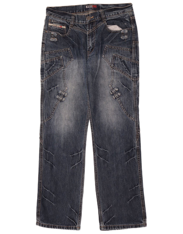 Vintage masculino reto Jeans W32 L32 azul patchwork algodão