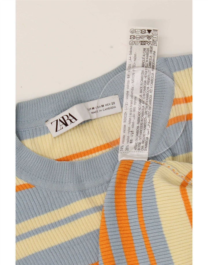 Zara Womens Crop Blouse Top UK 12 Medium Multicoloured Striped Viscose