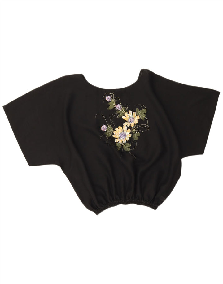 Vintage Womens Crop Bluse Top UK 16 Large Black Floral Polyester
