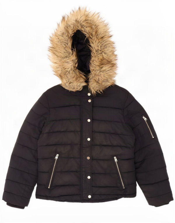 Topshop Womens Hooded Padded Jacket UK 12 Medium Black Polyester