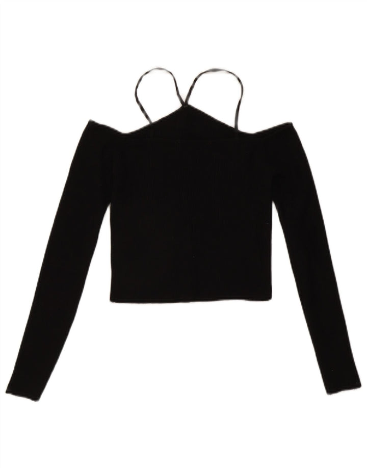 Zara Womens Long Sleeve Off Shoulder Crop Top UK 12 Medium Black Viscose