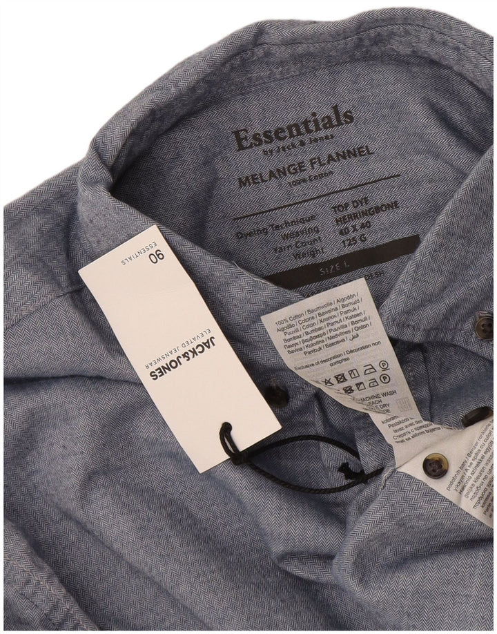 Jack & Jones Mens Flannel Shirt Large Blue Herringbone Cotton