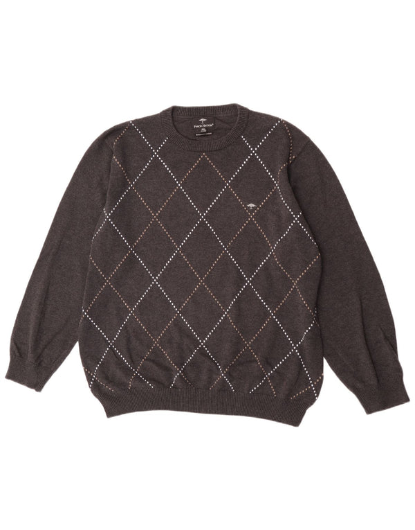 Fynch Hatton Ανδρικό πουλόβερ με λαιμόκοψη 2XL γκρι Argyle/Διαμαντένιο βαμβάκι