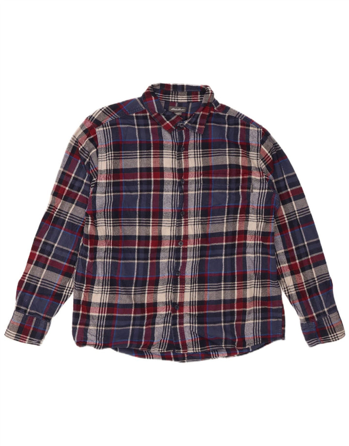 EDDIE BAUER Mens Flannel Shirt Large Navy Blue Check Cotton