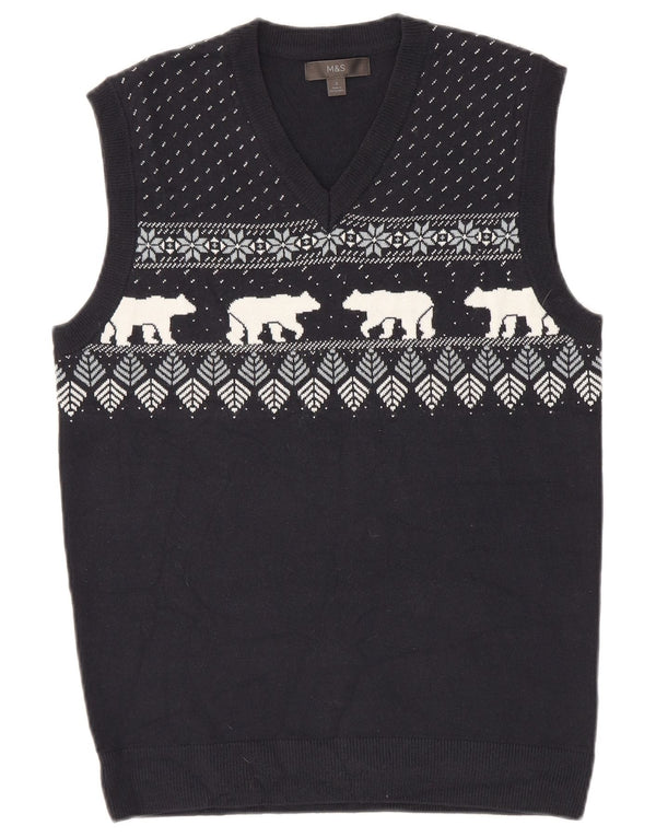 Marks & Spencer Mens Vest Tank Top Small Navy Blue Fair Isle Acrylic