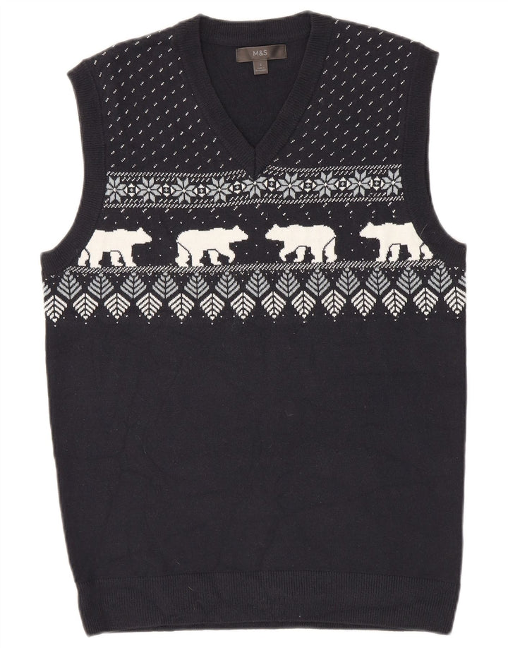 Marks & Spencer Mens Vest Tank Top Small Navy Blue Fair Isle Acrylic