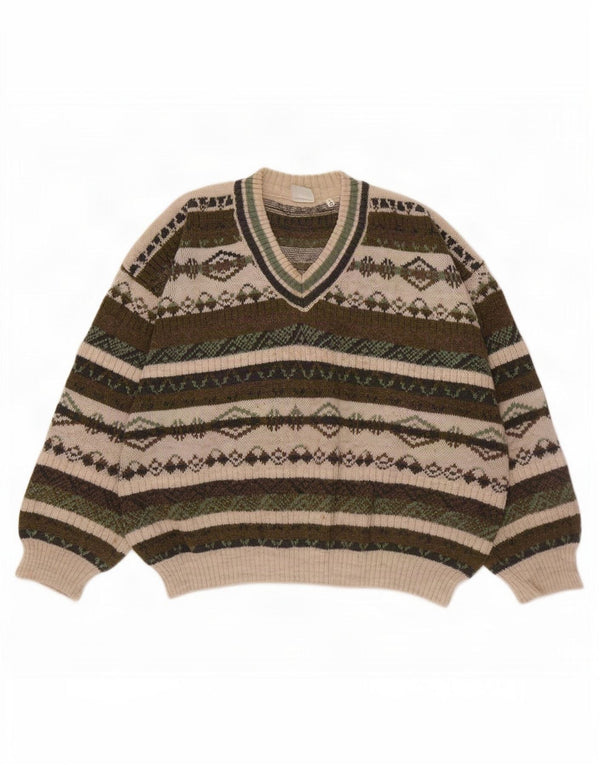 Suéter masculino vintage com decote em V IT 52 grande cáqui Fair Isle acrílico