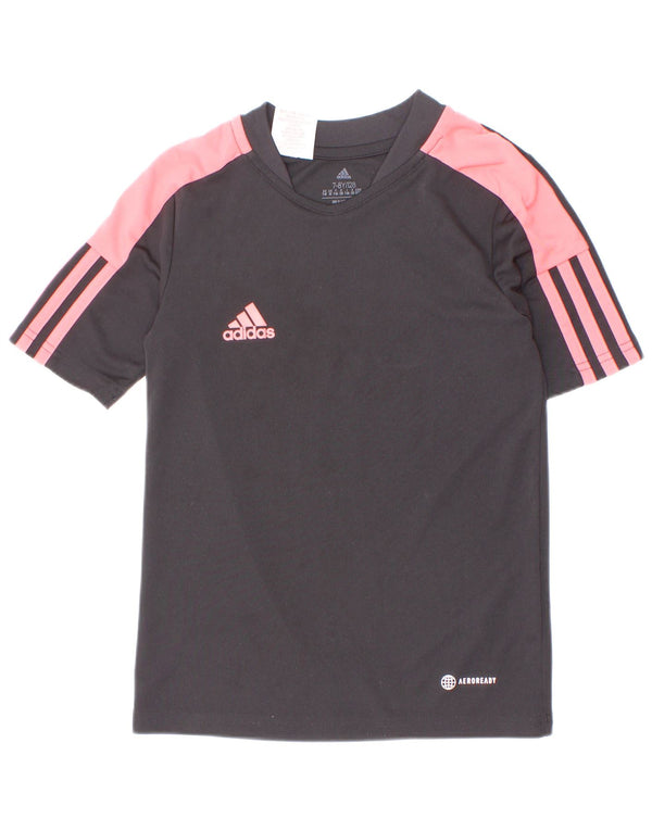 Adidas Girls T-Shirt Top 7-8 Years Black Colourblock Polyester