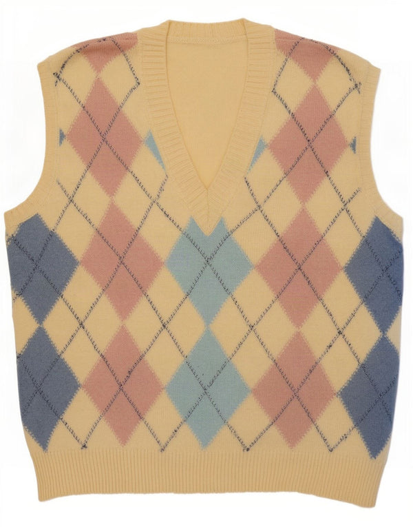 Vintage Damen Weste Tank Top UK 14 Groß Gelb Argyle/Diamant