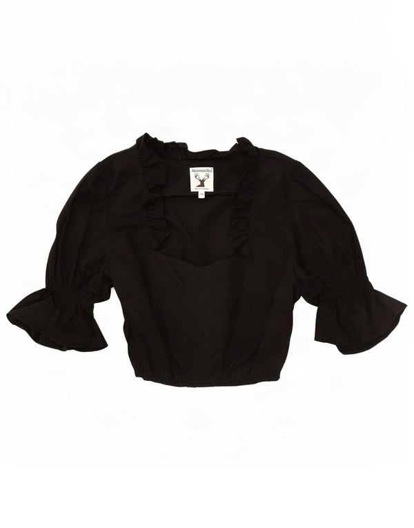 Alpenmarchen Womens Ruffle Front Crop Blouse Top EU 40 Medium Black