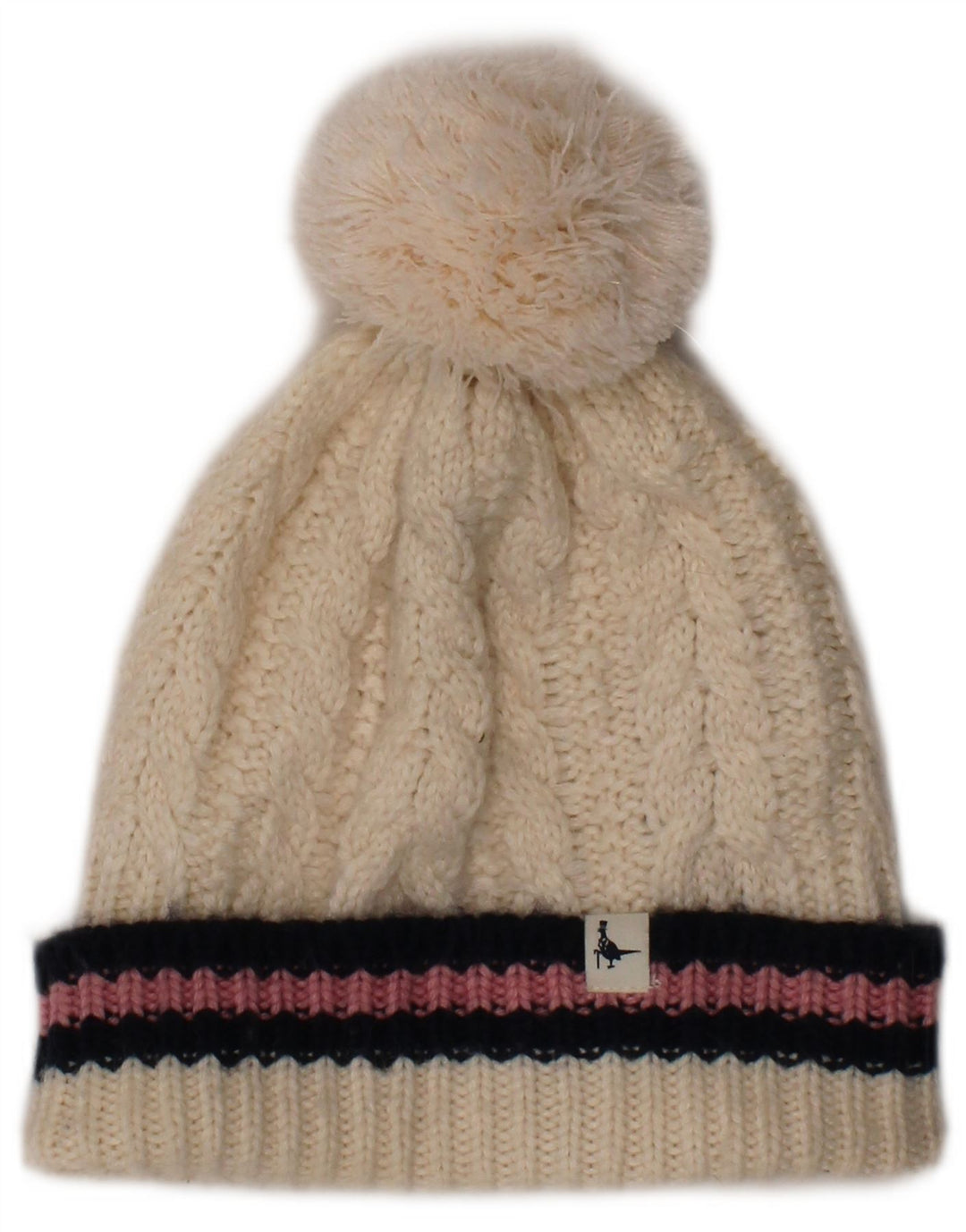 JACK WILLS Womens Graphic Bobble Hat One Size Off White Striped Winter