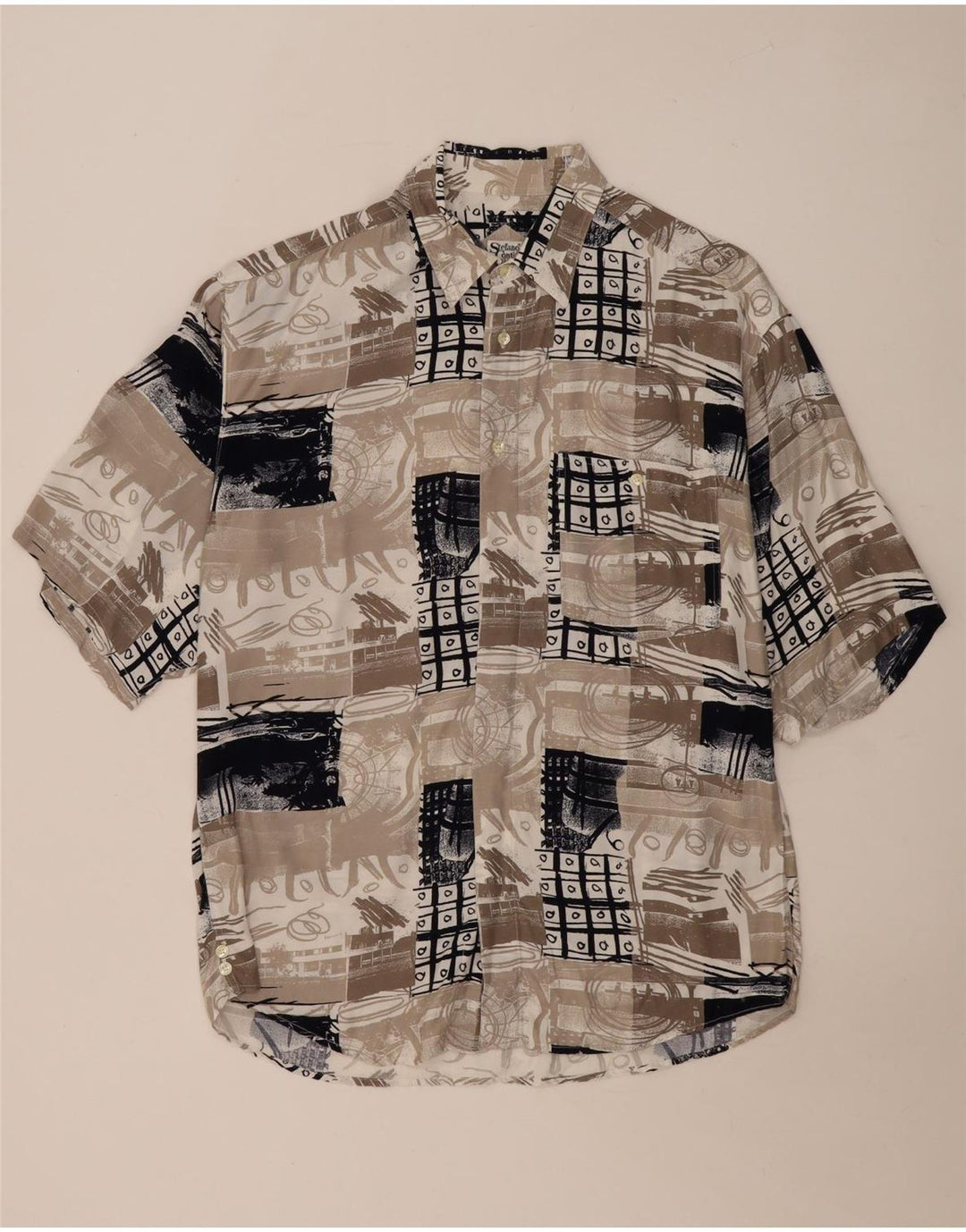 Vintage Mens Short Sleeve Shirt Large Beige Patchwork